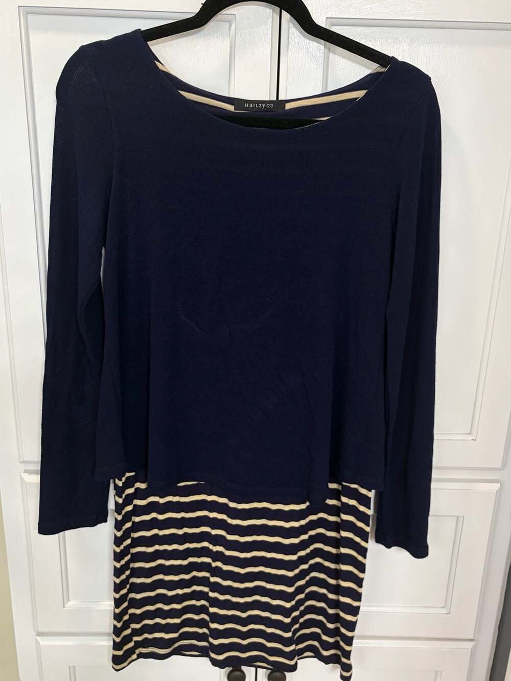 Hail3y:23 Long Sleeve Popover Knit Striped Dress Nautical Coastal Preppy